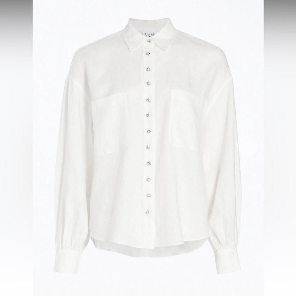 CAMI NYC Belkis Embellished Button Linen White Button-Up Shirt Size Small